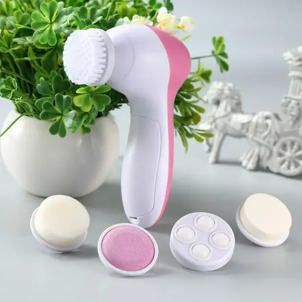 5-in-1 Electric facial cleansing brush and massager compact pink handheld cleanser with five interchangeable heads