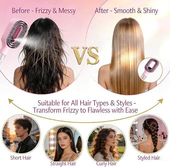 2-in-1 Spray Comb – Pain-Free Detangling for Smooth Hair showing before frizzy hair and after smooth shiny hair