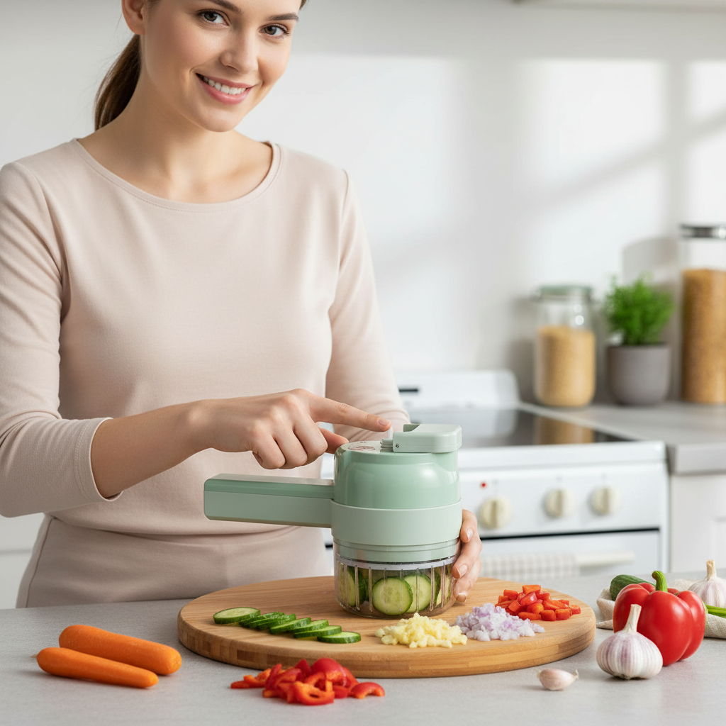 Woman using a 4-in-1 portable food processor to chop vegetables in a modern kitchen.
