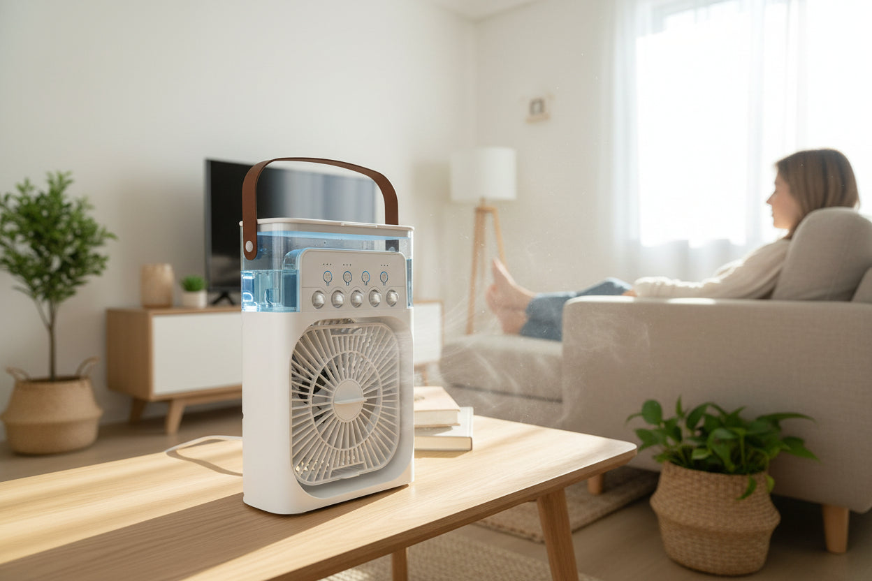 Portable fan with handle on a white background