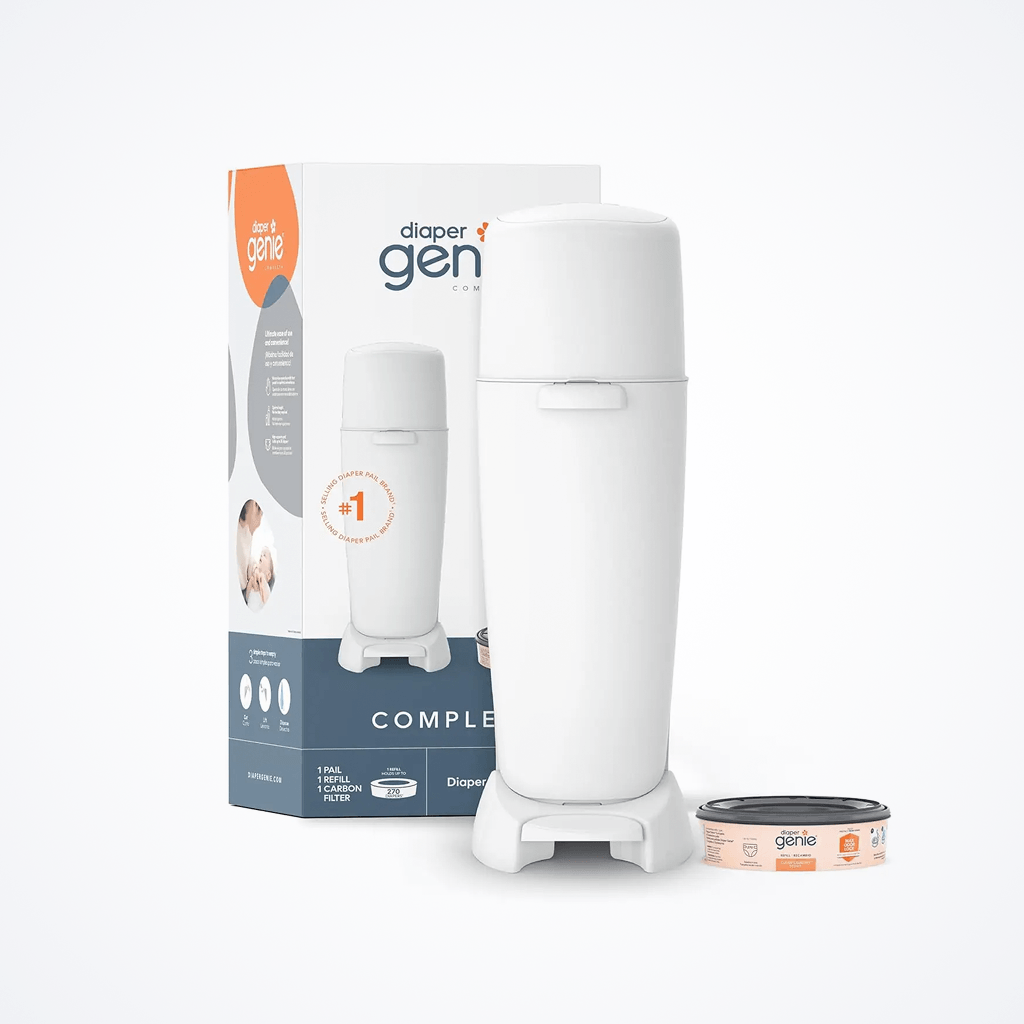 Diaper Pail – Odor-Control + Foot Pedal, Includes Refill Bag for 270 Diapers, White shown with refill and packaging