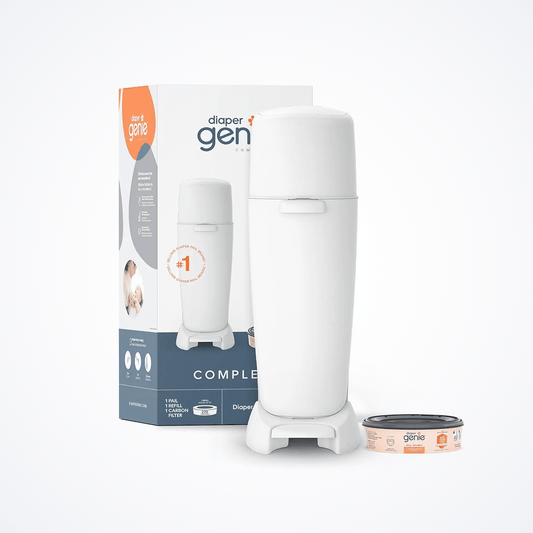 Diaper Pail – Odor-Control + Foot Pedal, Includes Refill Bag for 270 Diapers, White shown with refill and packaging