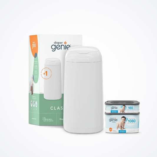 FreshNest Odor Locking Diaper Pail Gift Set With Extra Refills shown with pail and refill tubs