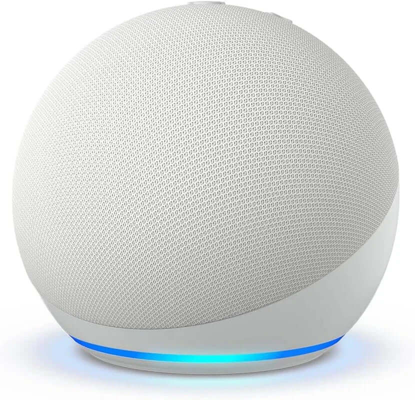 Echo Dot 5th Gen smart speaker in Glacier White with voice control and superior sound features.