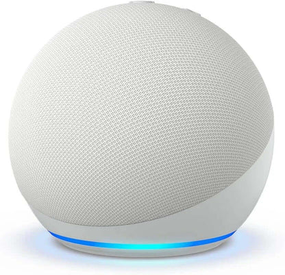 Echo Dot 5th Gen smart speaker in Glacier White with voice control and superior sound features.
