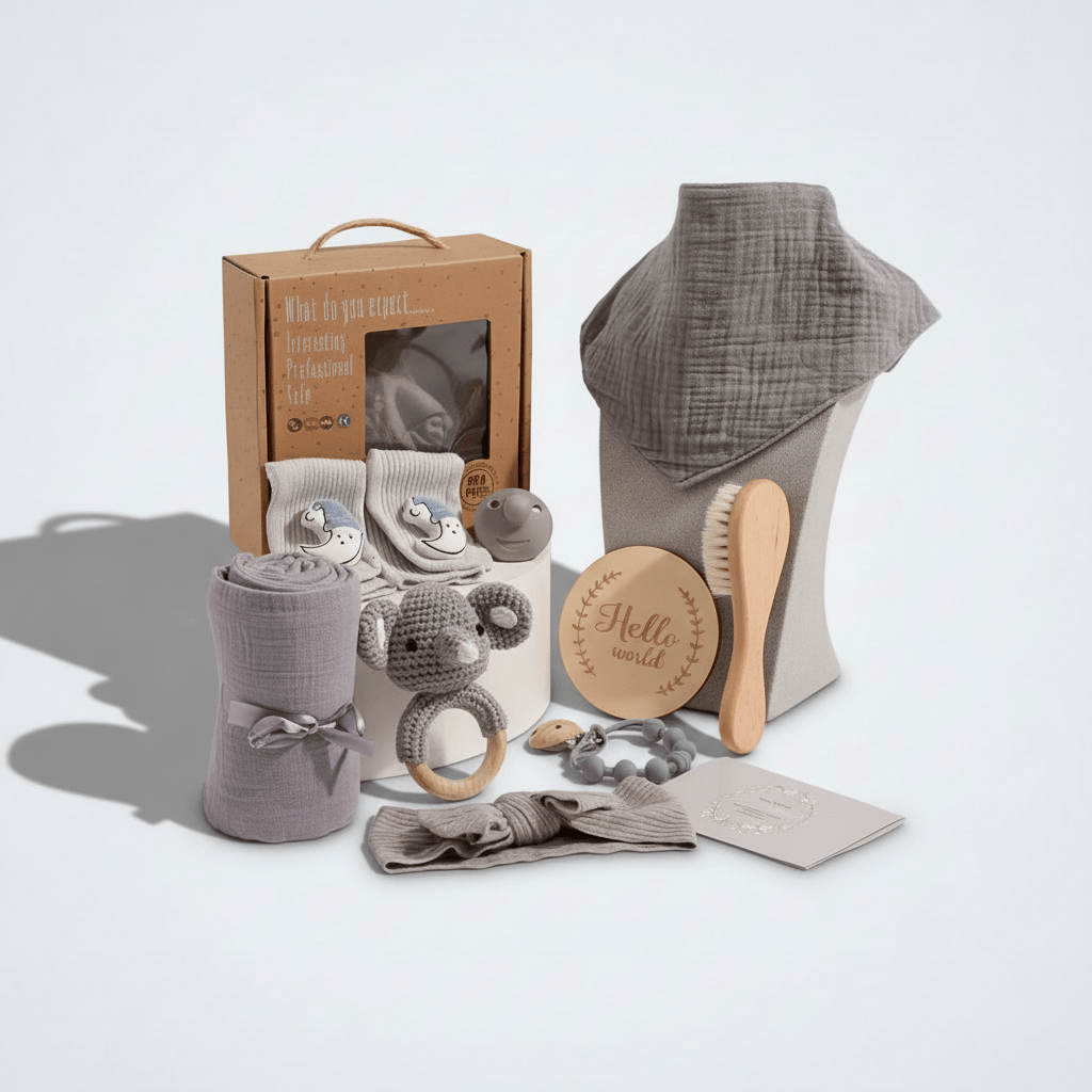 baby bath gift set with milestone cards and wooden brush — neutral grey blanket, wooden brush, milestone cards, plush toys and box