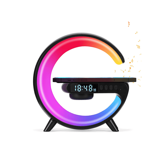 Mini G LED Cord-Free Desk Lamp with Wireless Charging and Speakers showcasing RGB colors and Bluetooth features.