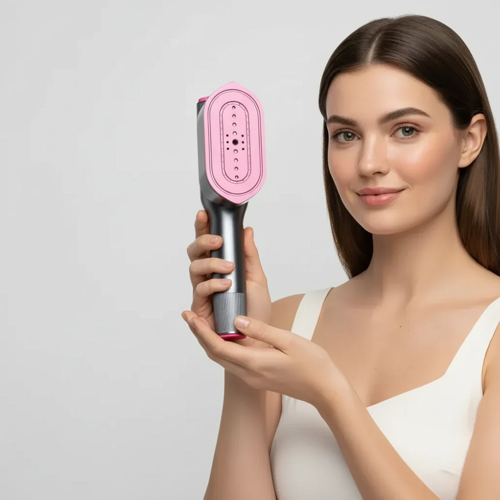 Garment Steamer – Fast Wrinkle Removal + 2-In-1 Portable Iron With Ceramic Heat Panel handheld pink steamer shown held by woman with warranty, free shipping, 30-day returns