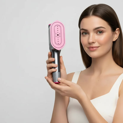 Garment Steamer – Fast Wrinkle Removal + 2-In-1 Portable Iron With Ceramic Heat Panel handheld pink steamer shown held by woman with warranty, free shipping, 30-day returns