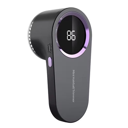 Black and purple hair trimmer with digital display on a white background