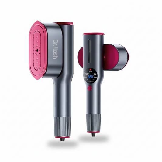 Garment Steamer – Fast Wrinkle Removal + 2-In-1 Portable Iron With Ceramic Heat Panel handheld gray and pink 2-in-1 steamer iron with glove and cup