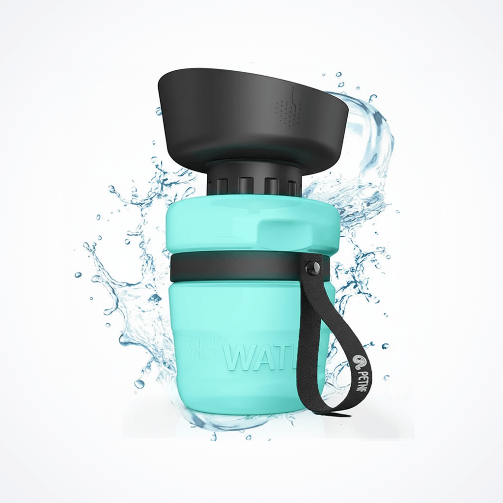 Alt Tag: Keep Your Dog Hydrated Anywhere – 520ml Portable Foldable Water Bottle compact turquoise foldable dog water bottle with splash and strap