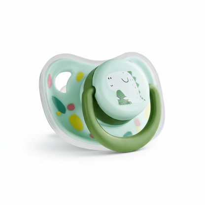Baby Pacifier Silicone Standard Mouth BPA-Free For Newborns – Mess-Free On-The-Go + Portable Box green silicone pacifier with dinosaur design, 2pcs set