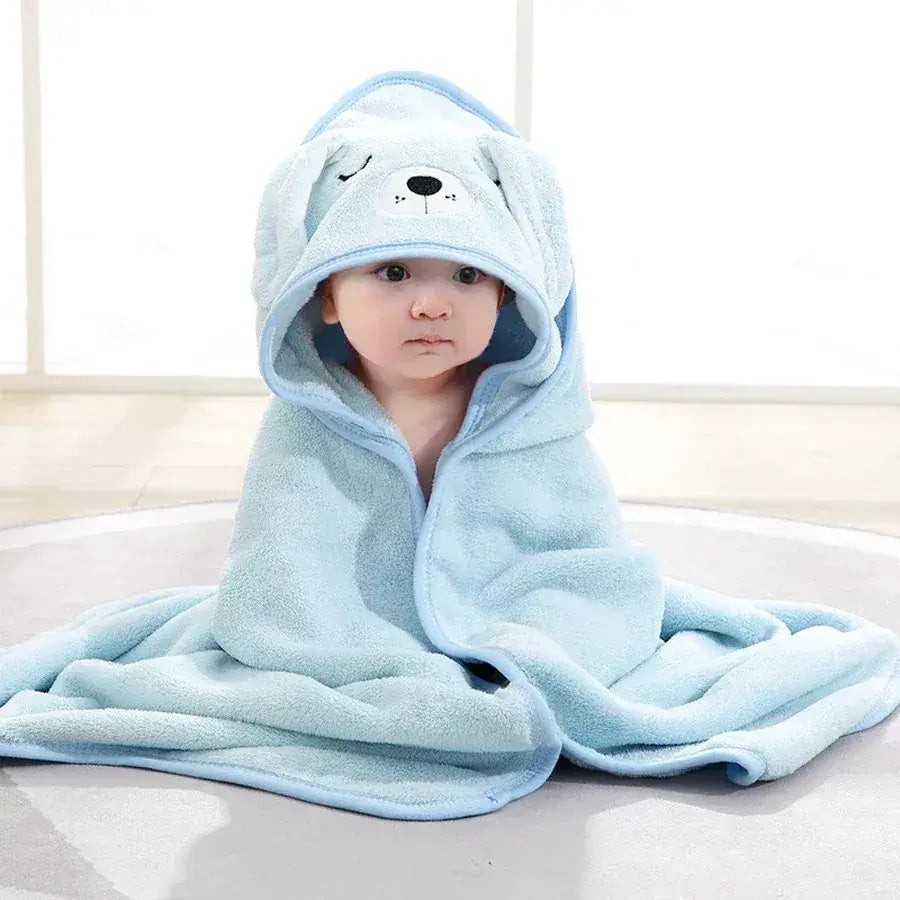 Baby Bath Towel – Gentle On Delicate Baby Skin For Soft, Snug Comfort + Plush Fabric - blue cuddly animal hooded towel on baby