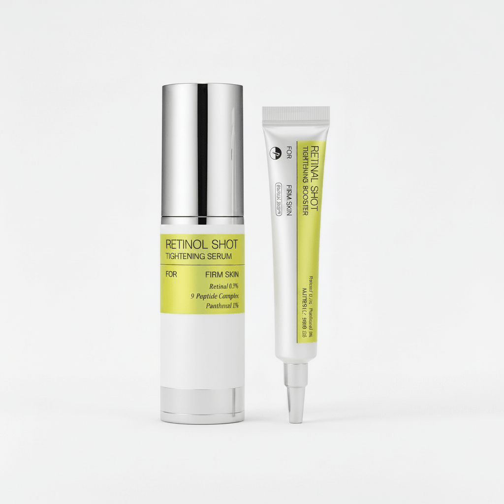 Retinol shot tightening serum and tube on a white background