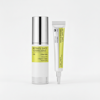 Retinol shot tightening serum and tube on a white background