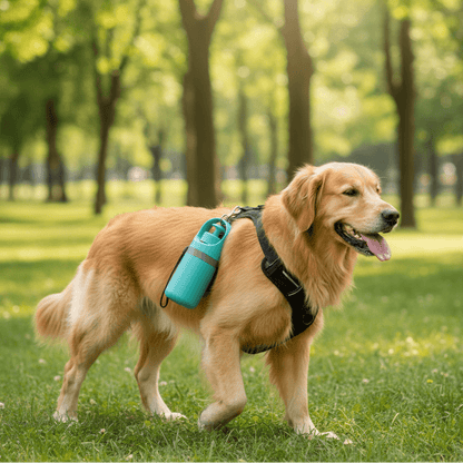 Golden Retriever walking in the park with a stylish harness and portable water bottle.