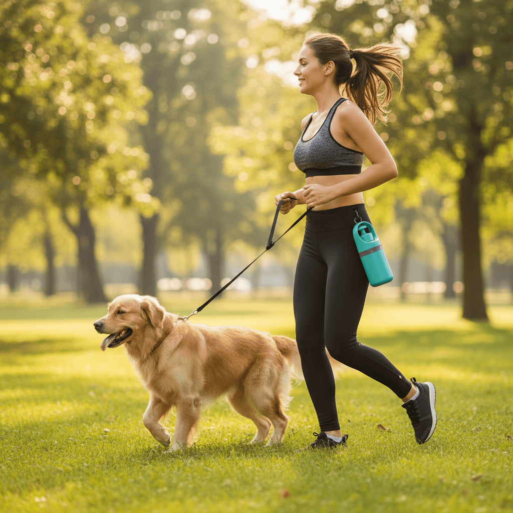 woman jogging with golden retriever in park enjoying outdoor exercise
