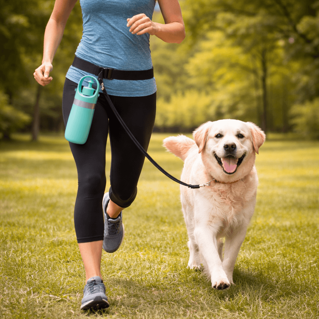 Woman jogging with a happy dog in a park, using a dog poop picker upper tool attached to her belt.