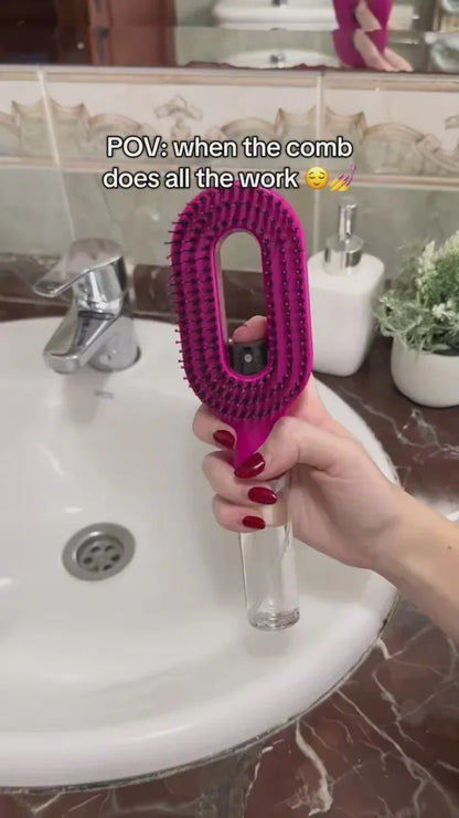 2-in-1 Spray Comb – Pain-Free Detangling for Smooth Hair handheld pink spray bottle comb with bristles and scalp massager over bathroom sink