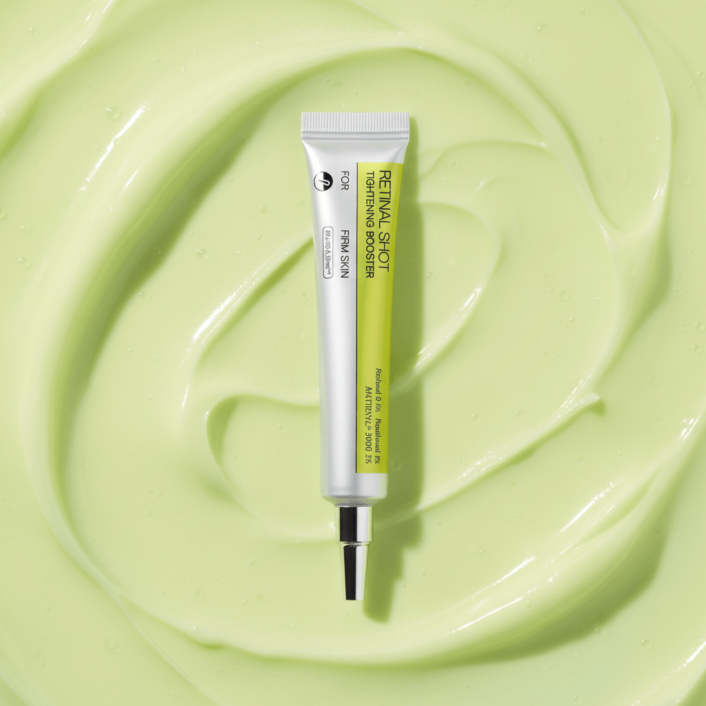 Korean retinol tightening serum on a smooth green backdrop, showcasing its fast-absorbing hydration for radiant skin.